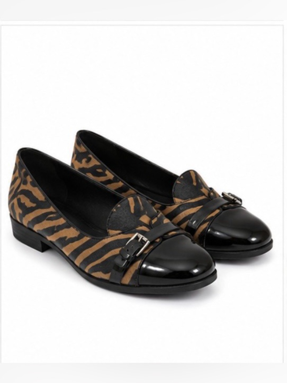 WHBM Zebra Haircalf Leather Patent Cap Toe Flats Size 7.5